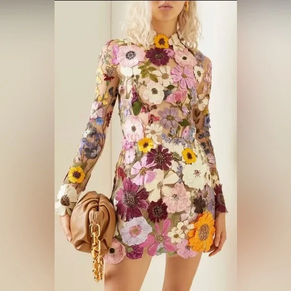 (last 1) Elise Fleurs - 3D mesh mini luxury runway dress with embroidery - Picture 1 of 12